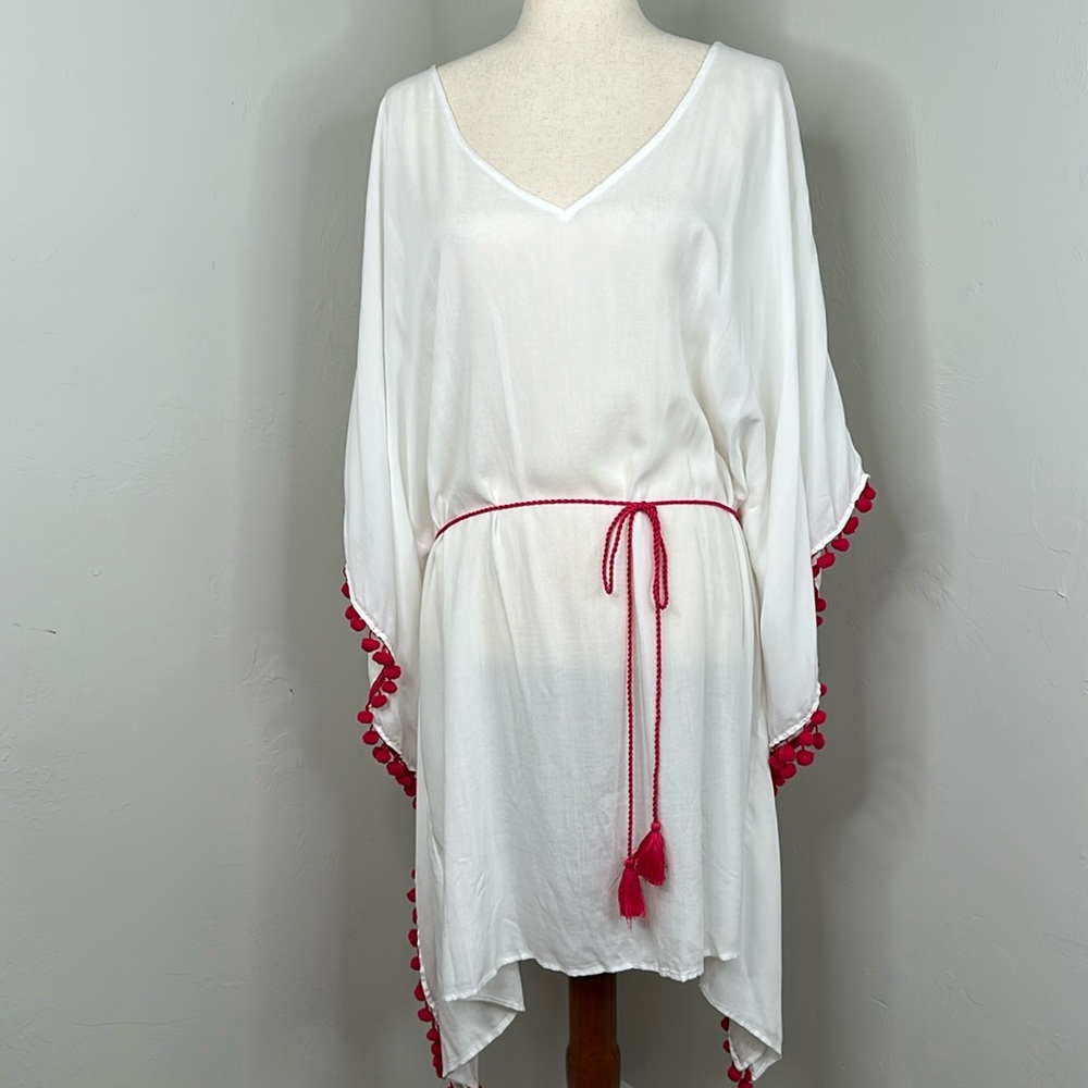Jaclyn Smith White Swim Cover with Pink Pom Pom Detail NWT